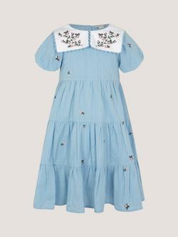 Monsoon Kids' Floral Dobby Embroidered Tiered Dress, Blue, Blue