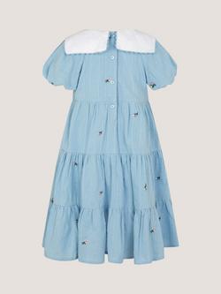 Monsoon Kids' Floral Dobby Embroidered Tiered Dress, Blue - view 2, Blue