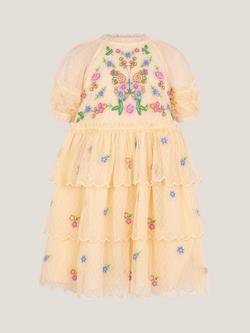 Monsoon Kids' Floral Embroidered Scalloped Tiered Dress, Yellow, Yellow