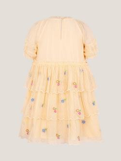 Monsoon Kids' Floral Embroidered Scalloped Tiered Dress, Yellow - view 2, Yellow