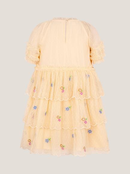 Monsoon Kids' Floral Embroidered Scalloped Tiered Dress, Yellow - view 2, Yellow