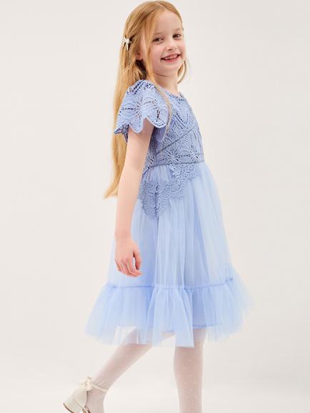 Monsoon Kids' Monica Lace Tulle Midi Dress, Pale Blue - view 2, Pale Blue