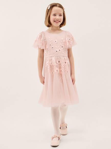 Monsoon Kids' Oelene Floral Embroidered Skater Dress, Pink, Pink
