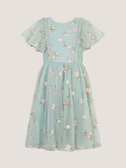 Monsoon Kids' Primrose Embroidered Party Dress, Green, Green