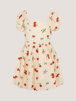 Monsoon Kids' Cotton Strawberry Bow Dress, Ivory, Ivory