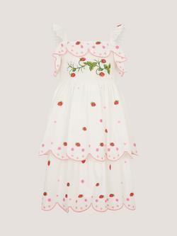 Monsoon Kids' Cotton Strawberry Tiered Dress, Ivory, Ivory