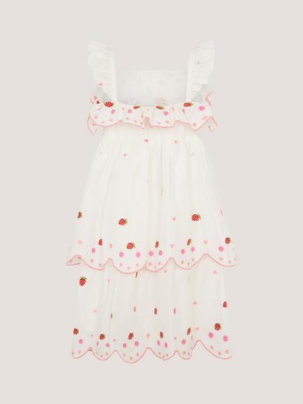 Monsoon Kids' Cotton Strawberry Tiered Dress, Ivory - view 2, Ivory