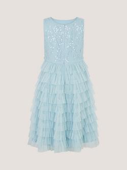 Monsoon Kids' Taylor Sleeveless Floral Lace Party Dress, Blue - view 2, Blue