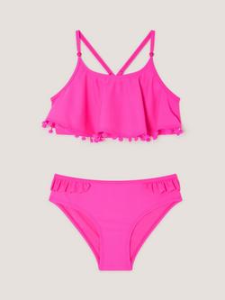 Monsoon Kids' Cross Back Pom-Pom Bikini Set, Pink, Pink
