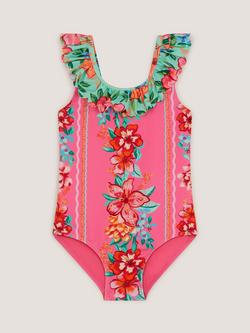 Monsoon Kids' Floral Scalloped Frill Swimsuit, Pink, Pink
