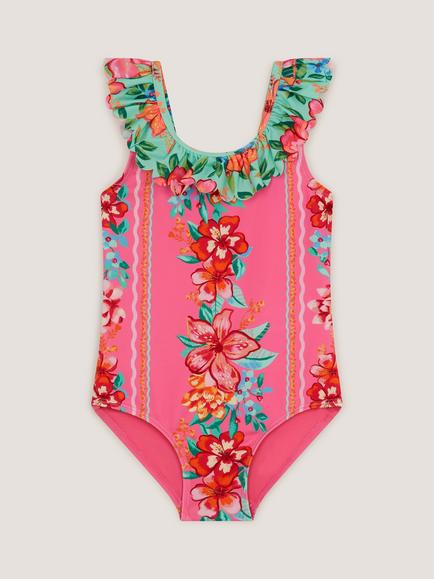 Monsoon Kids' Floral Scalloped Frill Swimsuit, Pink, Pink