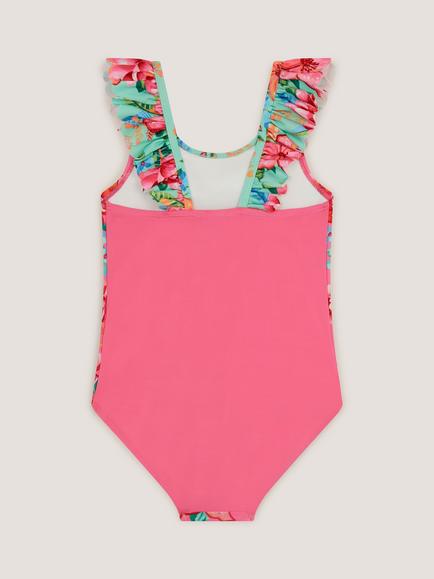 Monsoon Kids' Floral Scalloped Frill Swimsuit, Pink - view 2, Pink