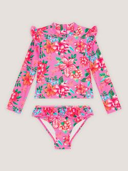 Monsoon Kids' Flower Print Long Sleeve Swim Set, Pink, Pink