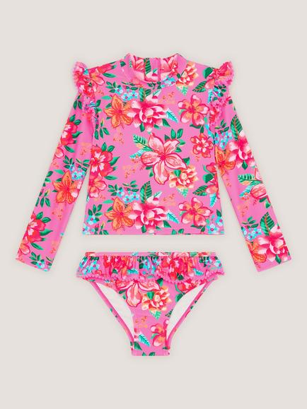 Monsoon Kids' Flower Print Long Sleeve Swim Set, Pink, Pink
