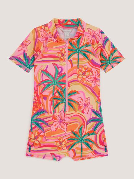 Monsoon Kids' Zip Front Tropical Short Swimsuit, Orange, Orange
