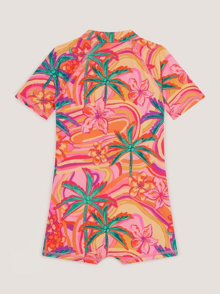 Monsoon Kids' Zip Front Tropical Short Swimsuit, Orange - view 2, Orange