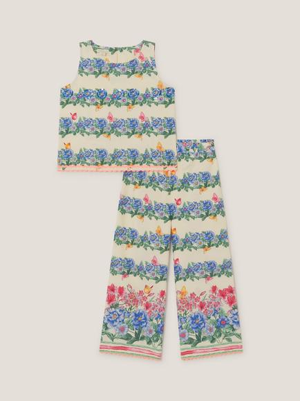 Monsoon Kids' Clara Cotton Floral Sleeveless Top & Wide Leg Trousers Set, Ivory, Ivory