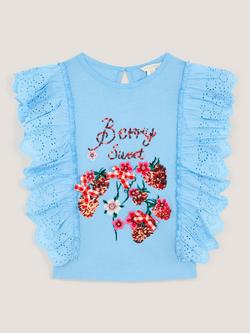 Monsoon Kids' Sequin Strawberry Broderie Ruffle Top, Blue, Blue