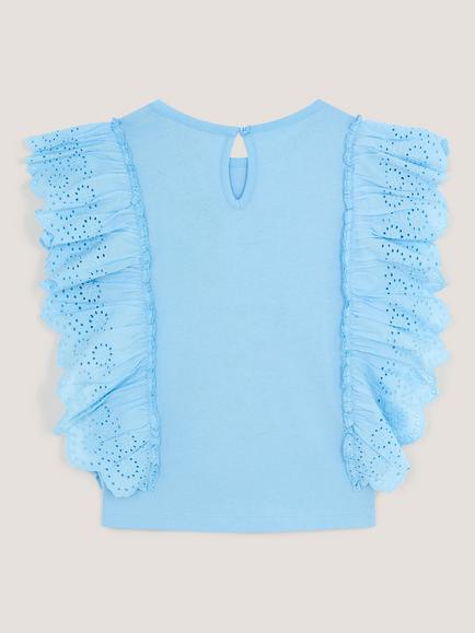 Monsoon Kids' Sequin Strawberry Broderie Ruffle Top, Blue - view 2, Blue