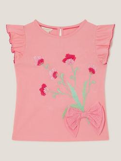 Monsoon Kids' Cotton Tulip Embroidered Bow T-Shirt, Pink, Pink