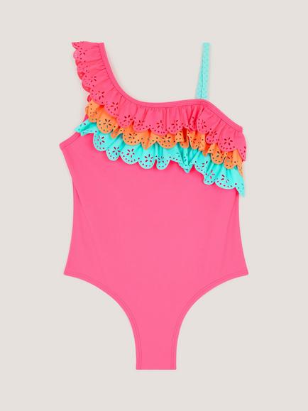 Monsoon Kids' Broderie Tier Swimsuit, Pink, Pink