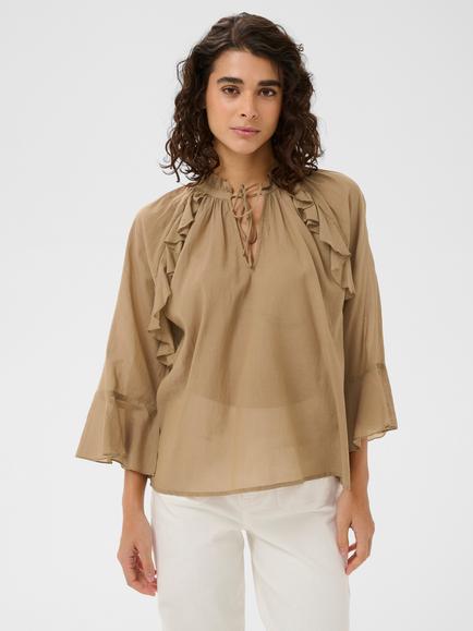 KAFFE Flora Tie Neck Ruffle Top, Petrified Oak, Petrified Oak