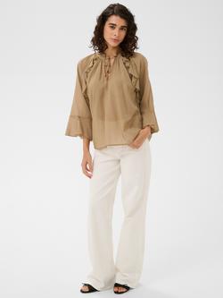 KAFFE Flora Tie Neck Ruffle Top, Petrified Oak - view 2, Petrified Oak