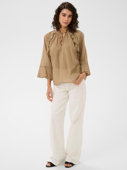KAFFE Flora Tie Neck Ruffle Top, Petrified Oak - view 2, Petrified Oak