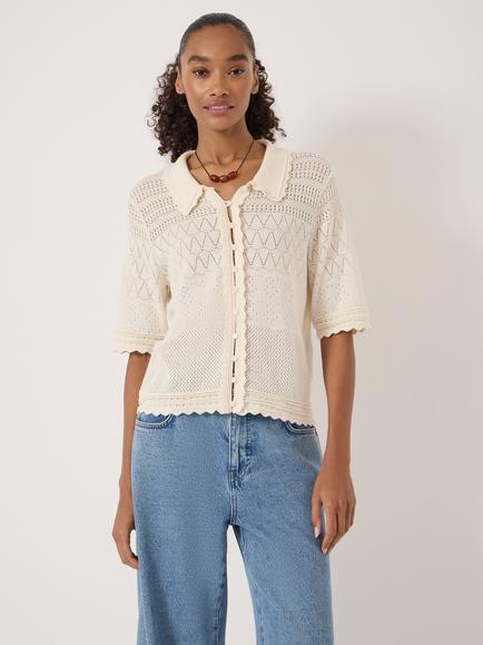 HUSH Pointelle Short Sleeve Cardigan, Stone White, Stone White