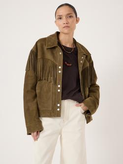 HUSH Oona Fringed Pure Suede Jacket, Khaki, Khaki
