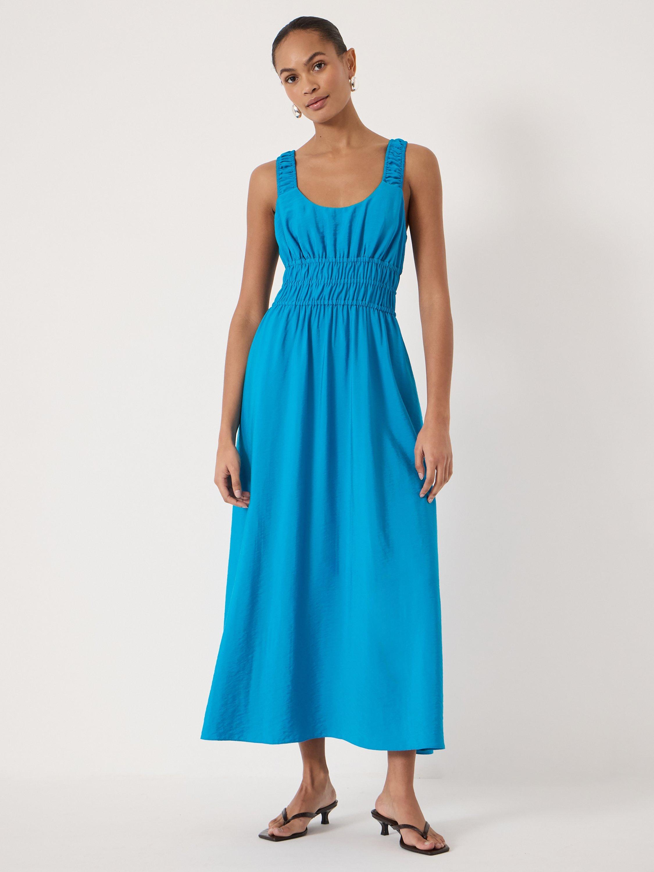 HUSH Air Flow Gathered Straps Midi Dress, Aqua Blue