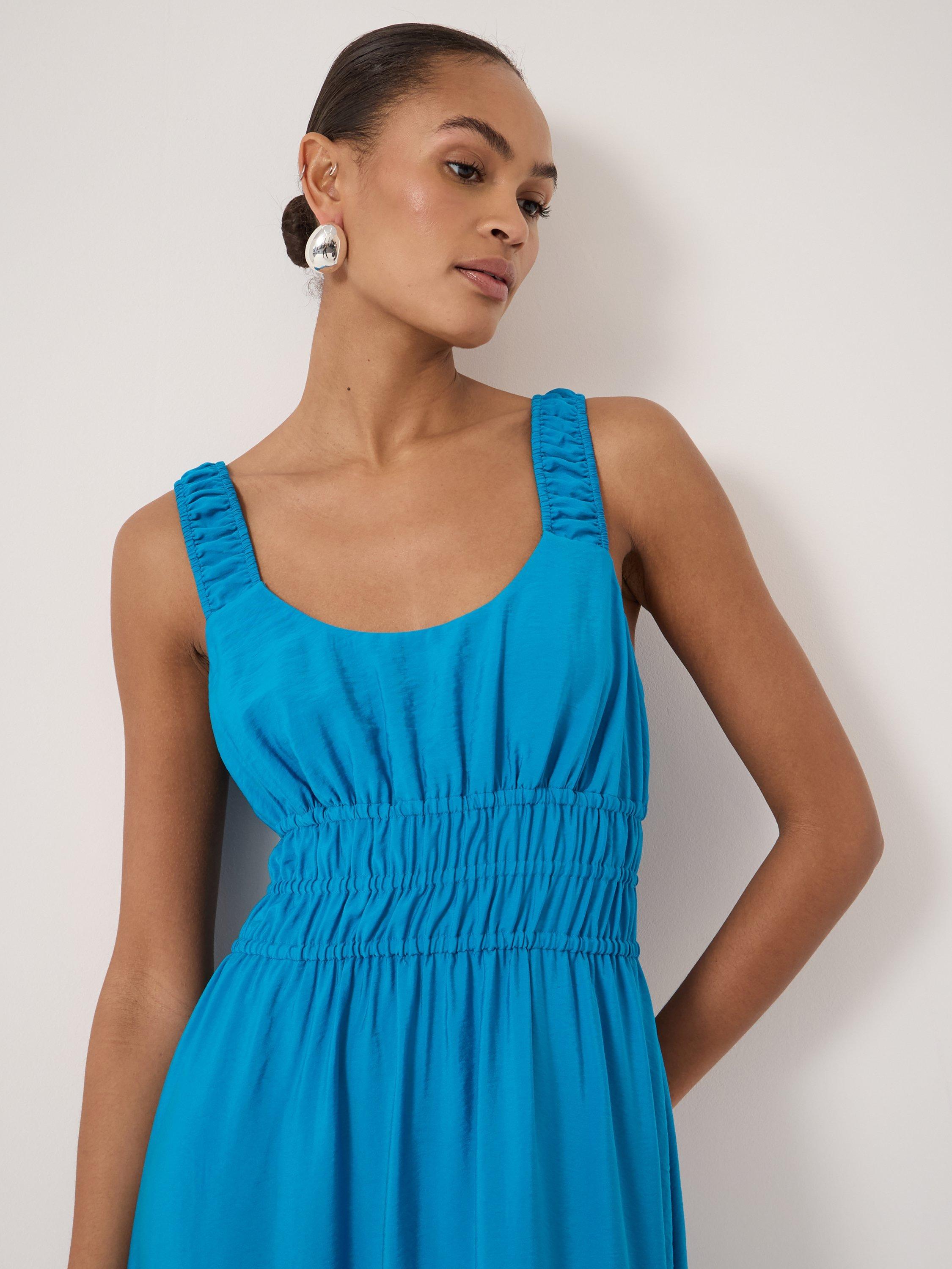 HUSH Air Flow Gathered Straps Midi Dress, Aqua Blue