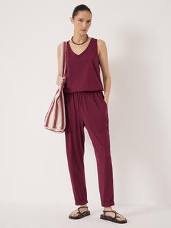 HUSH V-Neck Jersey Cropped Jumpsuit, Maroon Red