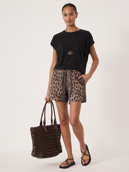 HUSH Betty Leopard Print Denim Shorts, Brown - view 2, Brown