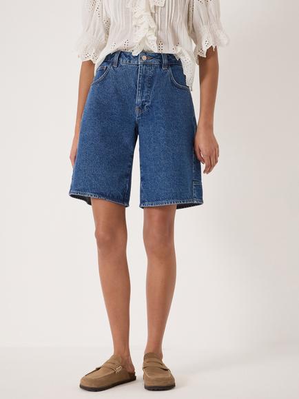 HUSH Bree Long Denim Shorts, Mid Blue, Mid Blue