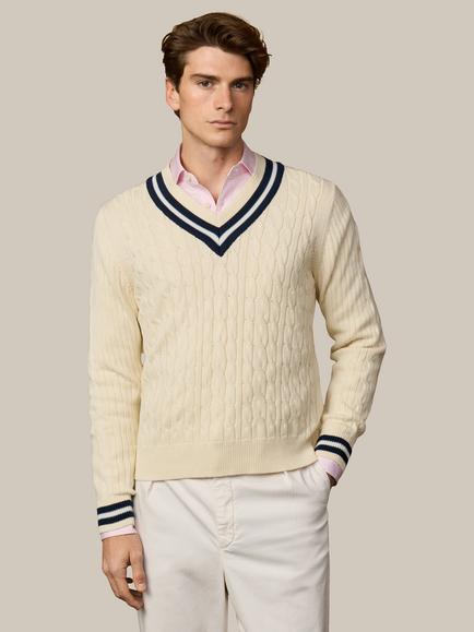 Hackett London Heritage Cable Knit Cotton Cricket Jumper, Off White, Off White