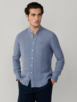 Hackett London Garment Dyed Linen Tailored Fit Grandad Collar Shirt, Thames Blue