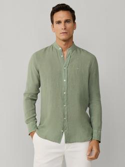 Hackett London Garment Dyed Linen Tailored Fit Grandad Collar Shirt, Sage Green