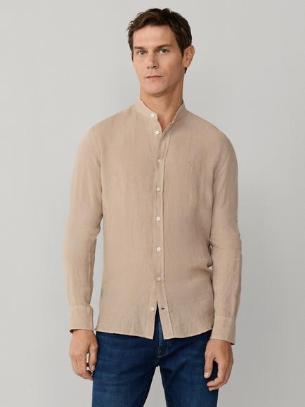 Hackett London Garment Dyed Linen Tailored Fit Grandad Collar Shirt, Taupe Beige