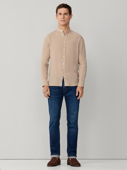 Hackett London Garment Dyed Linen Tailored Fit Grandad Collar Shirt - view 2, Taupe Beige