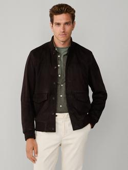 Hackett London Suede Bomber Jacket, Ebony Brown, Ebony Brown