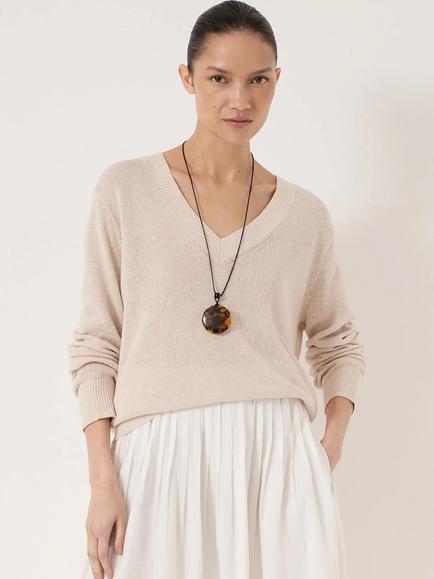 HUSH Coralie V-Neck Linen Blend Jumper, Stone White