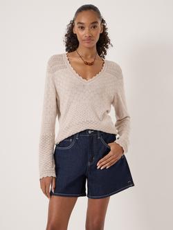 HUSH Pointelle V-Neck Jumper, Stone White, Stone White