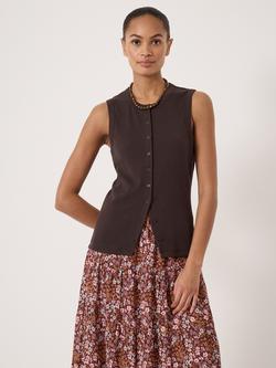 HUSH Ayana Button Down Ribbed Vest Top, Dark Brown, Dark Brown