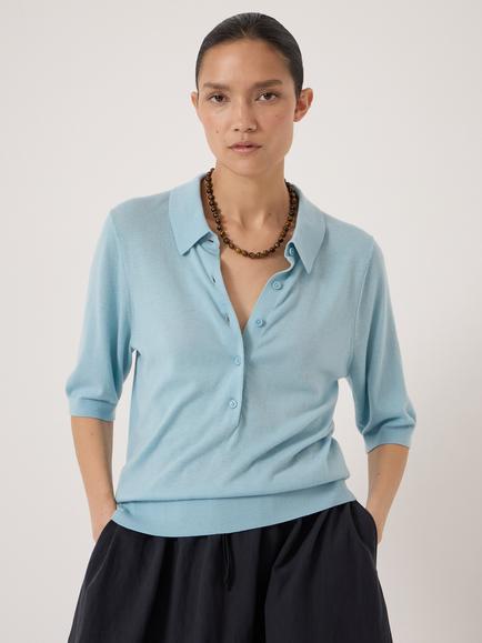 HUSH Fine Knit Wool Blend Polo Shirt - view 2, Cornflower Blue