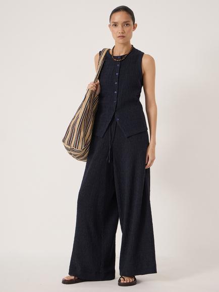 HUSH Aria Textured Jersey Wide Leg Trousers - view 2, Midnight Navy