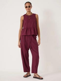 HUSH Tovi Linen Bend Barrel Leg Trousers containing LENZING™ ECOVERO™ Viscose, Maroon Red - view 2, Maroon Red