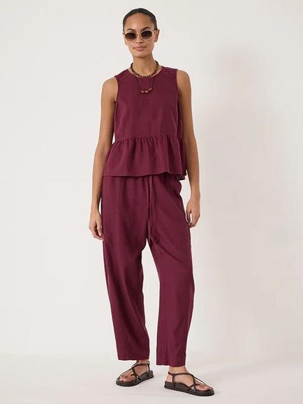 HUSH Tovi Linen Blend Barrel Leg Trousers containing LENZING™ ECOVERO™ Viscose - view 2, Maroon Red