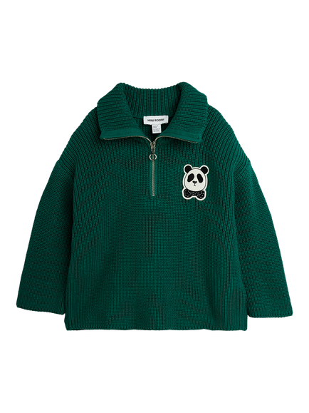 Mini Rodini Kids' Panda Knit Half Zip Sweater, Green, Green