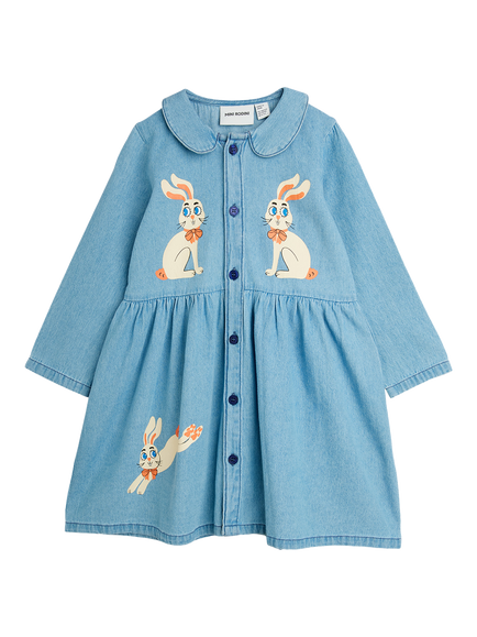 Mini Rodini Kids' Rabbit Print Button Through Denim Dress, Blue, Blue
